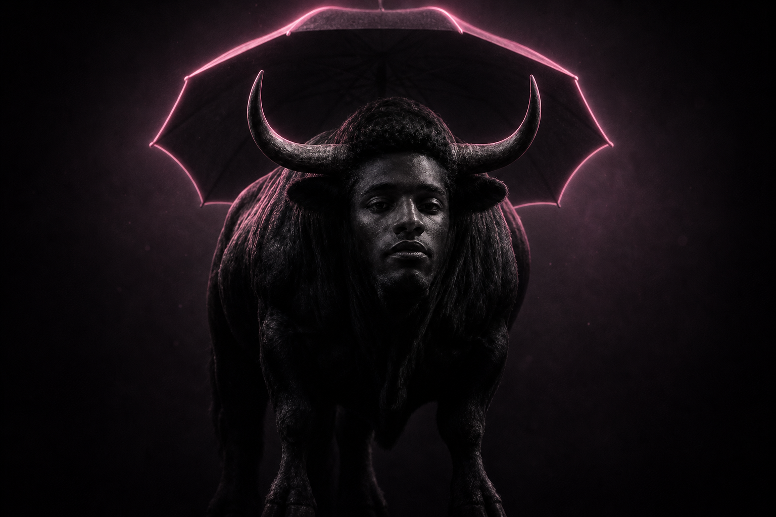 a black bull with a calm human face merged into its head, standing under a black parasol with a glowing rose-pink edge, rendered in cinematic noir