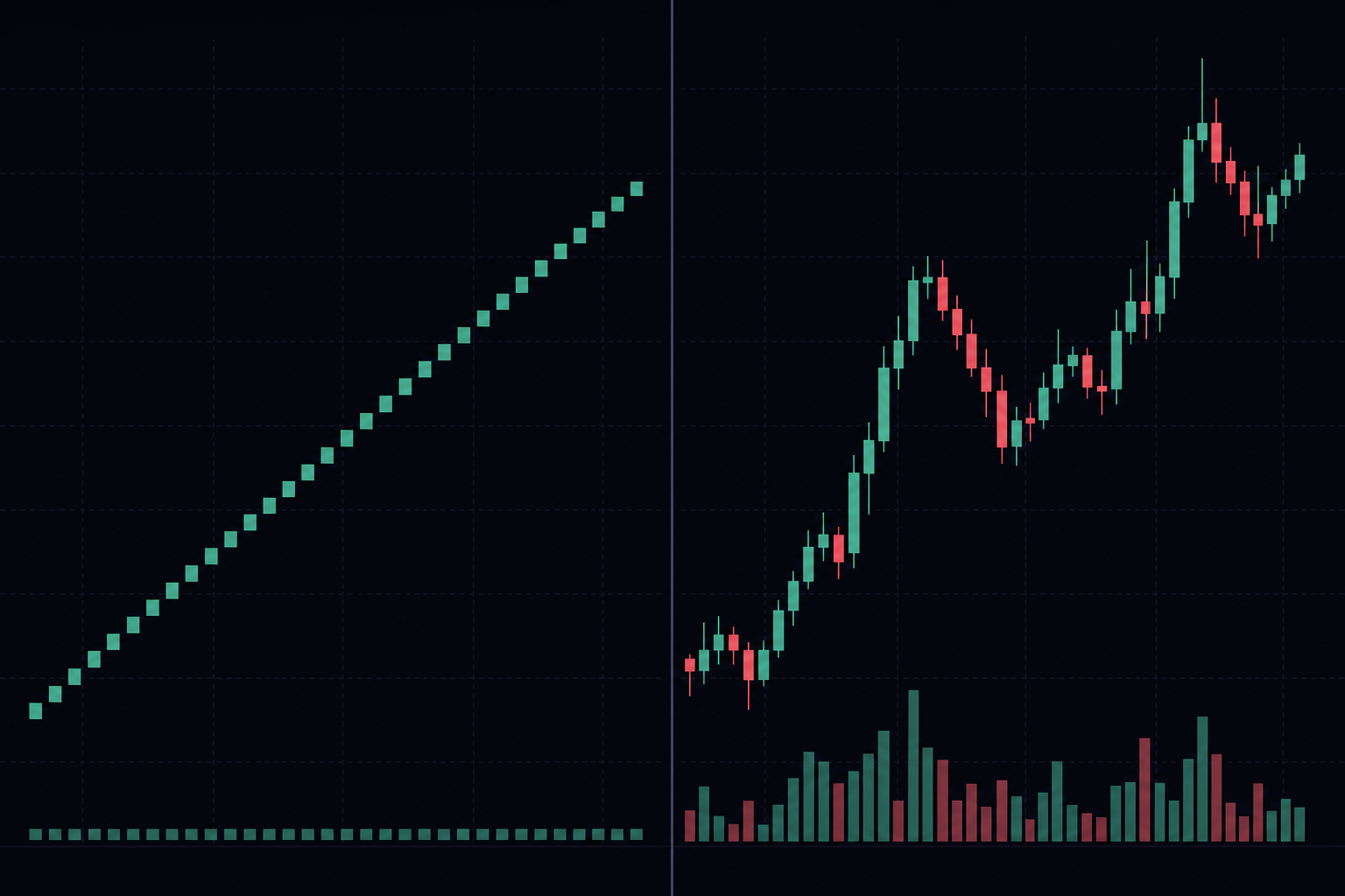 two charts side by side: a robotic staircase of identical candles with flat volume, versus organic candles of varied sizes with healthy volume