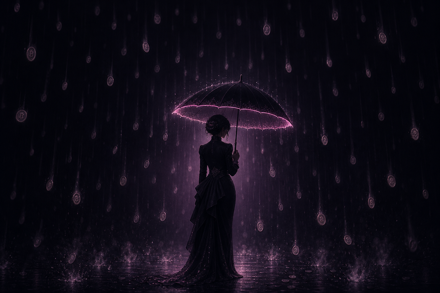 a figure under a black parasol with a glowing rose rim, standing calm while a rainstorm of dying tokens falls and dissolves around them
