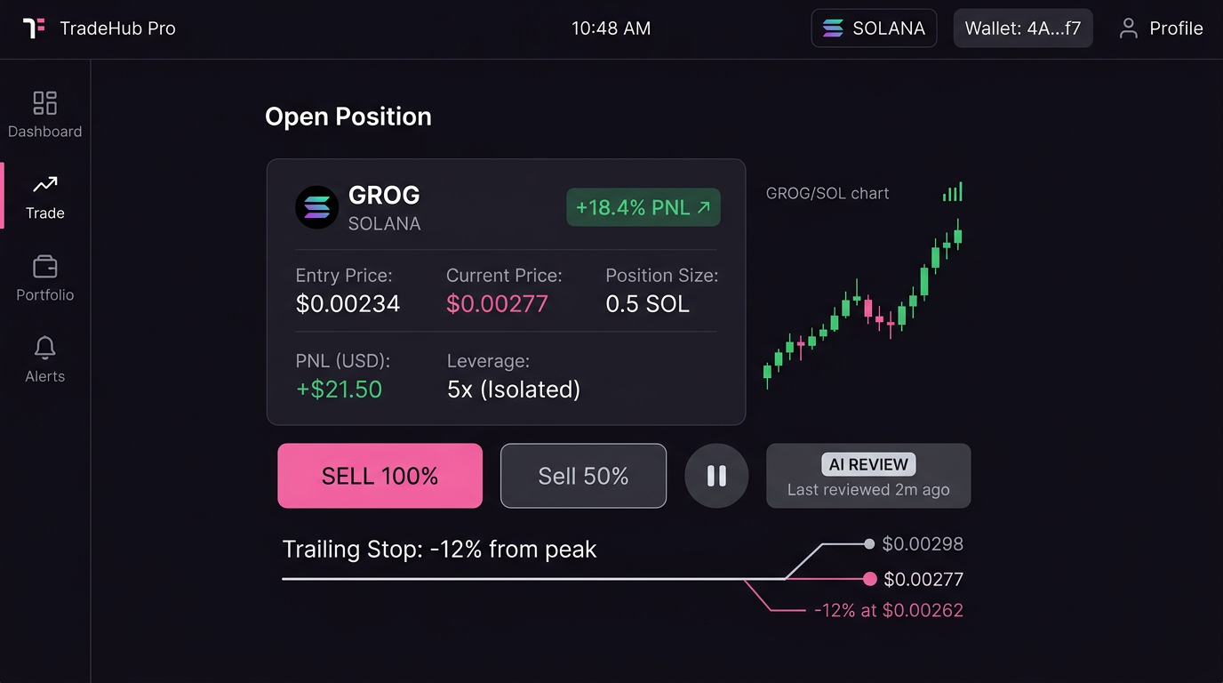 position management — sell, pause, and AI review controls