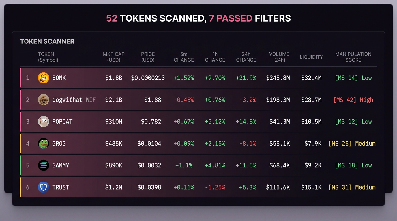 scanner view — filtered tokens with market data and manipulation scores
